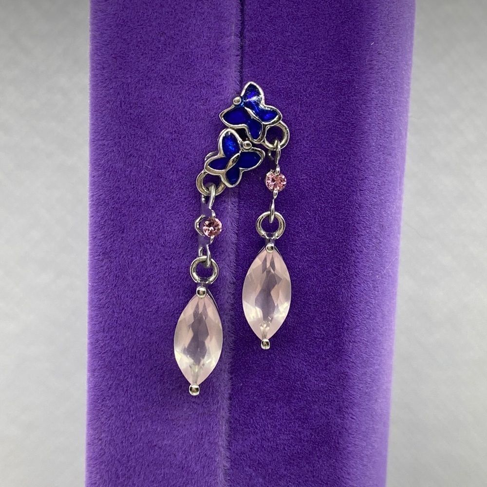 💛 925 Enamel Butterfly & Pink CZ & Rose Quartz Dangle Earrings